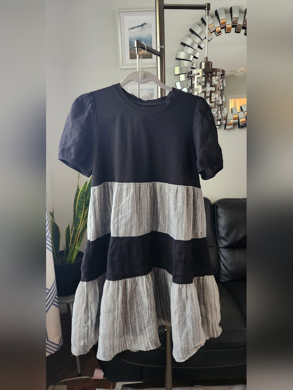 Black and Gray Tiered Short Sleeve Dress